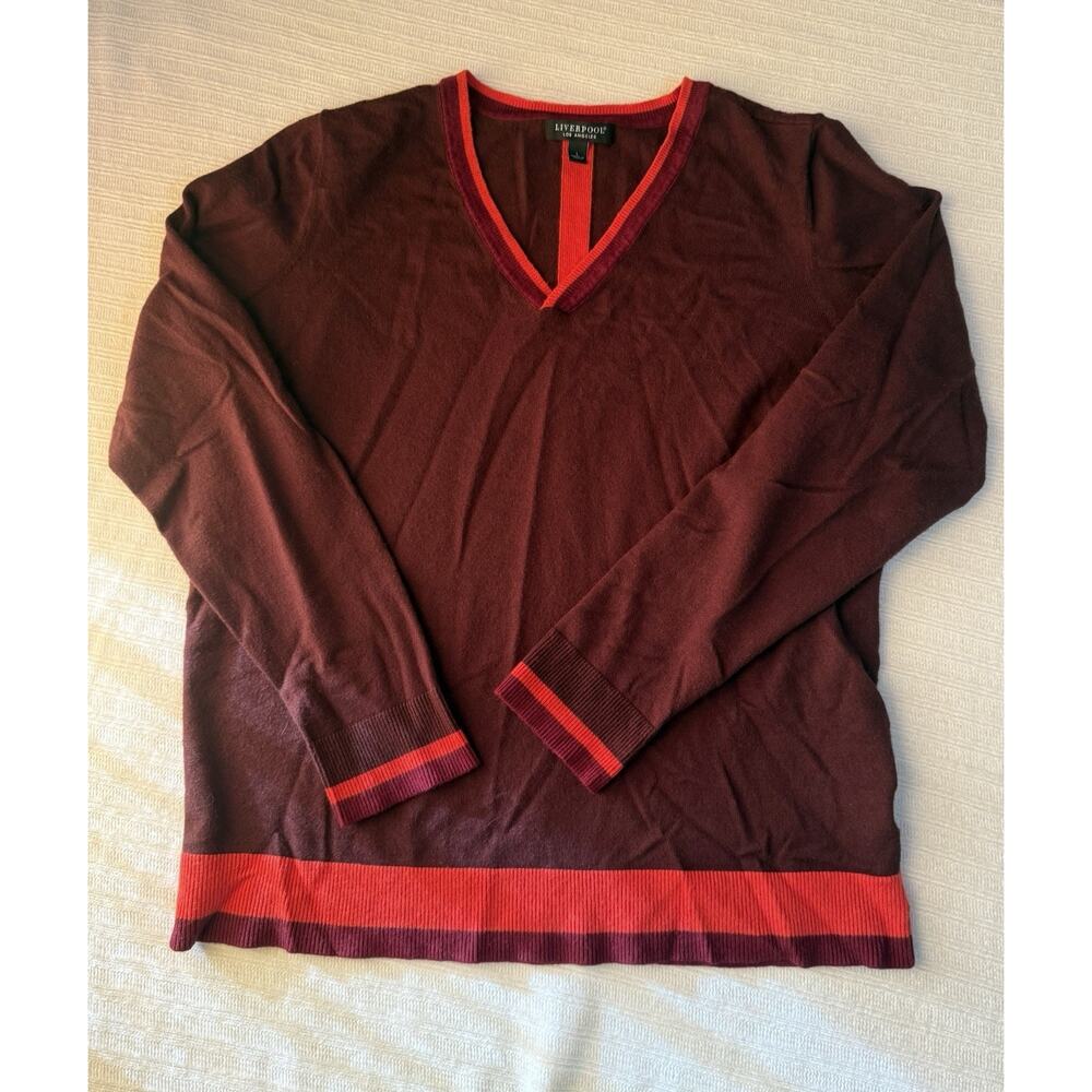 Liverpool Los Angeles Burgundy Red Knit Pullover Sweater V-Neck Long Sleeve L